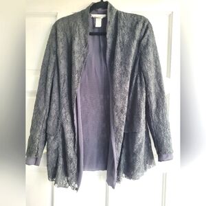 Les Copains Italy Size 46, US 10, Silk  Lace Open Front Jacket Pockets Gray
